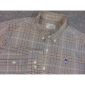Giordano Oxford Shirt Mens Med Slim Brown Blue Plaid Stretch Button Down